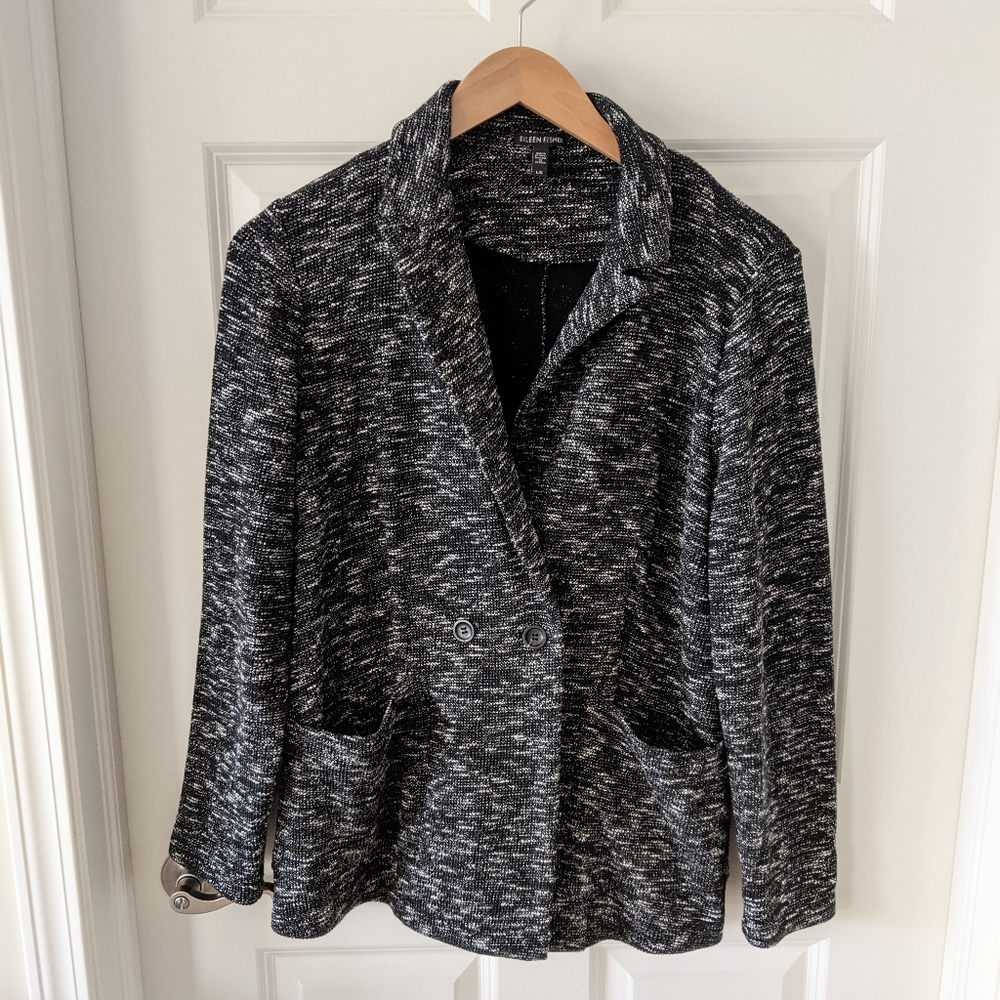 Eileen Fisher Black Tweedy Organic Cotton Knit Classic Collar Blazer Size Large